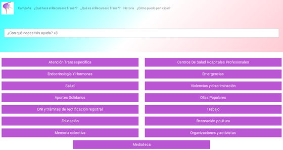 A list of categories and a search box as a first step into finding informational resources.