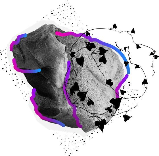 A rock, interlaced with leaves and cyan-magenta squiggles, as a symbol of different things co-living and collaborating.