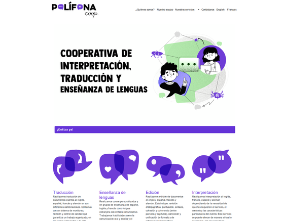 Website screen capture where the services are described and a big banner says "Interpretation, translation and language learning Cooperative"