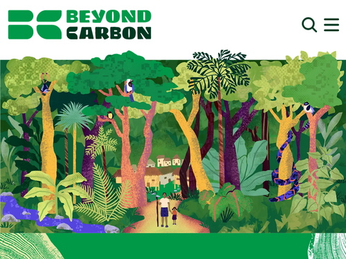 de abajo para arriba: dos personas, un adulto mayor con un bastón y una niña, agarrades de la mano, en el medio de un camino en una jungla colorida. A lo lejos se ven casas en altura. Arriba de todo esta el header con el logo de beynd carbon, la barra de búsqueda y el menu hamburguesa.